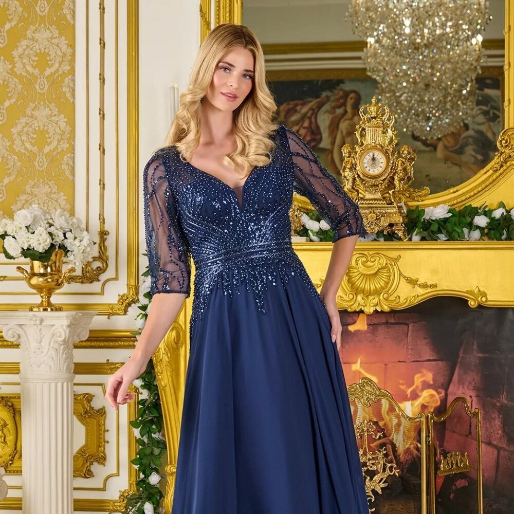New Navy A-Line Mother Of Bride Chiffon Dress w/ Sheer 3/4 Sleeves GL3796
